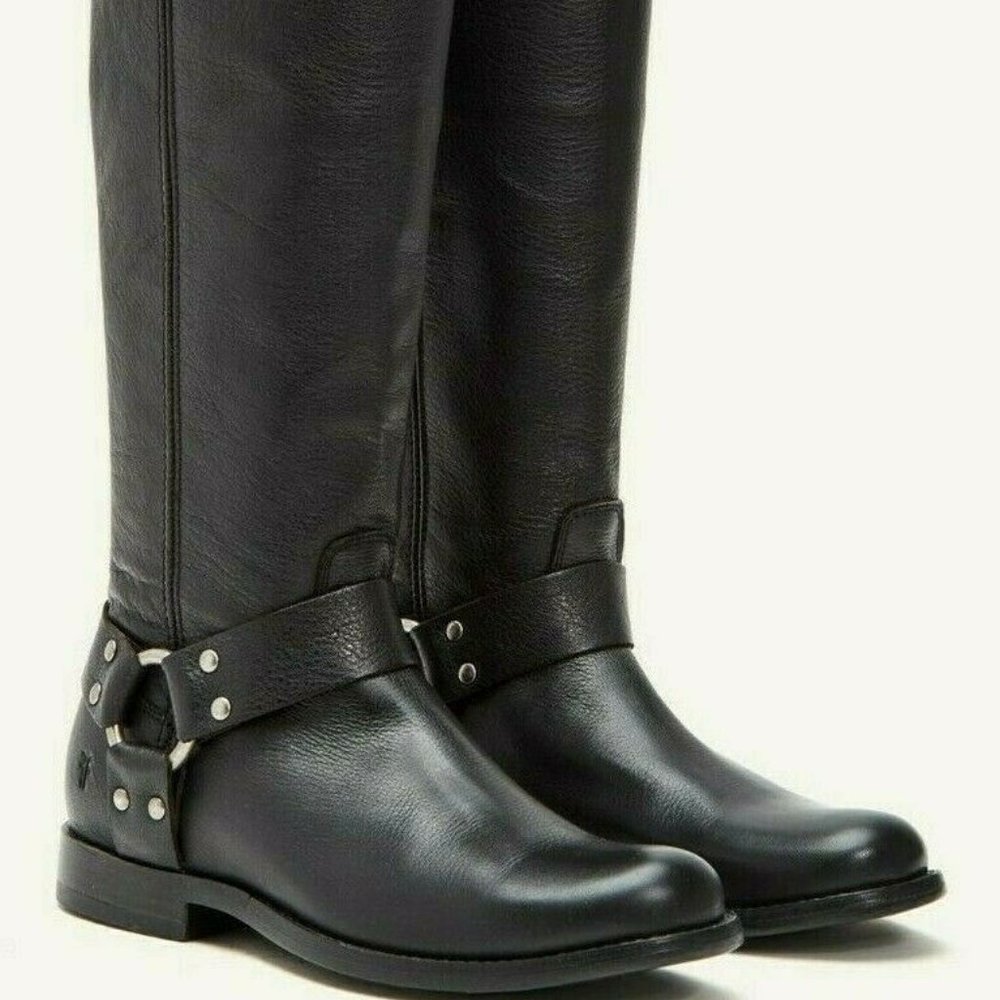 FRYE PHILLIP HARNESS EQUESTRIAN TALL RIDING BOOTS BLACK LEATHER ZIP 6.5 NWT - Picture 3 of 12